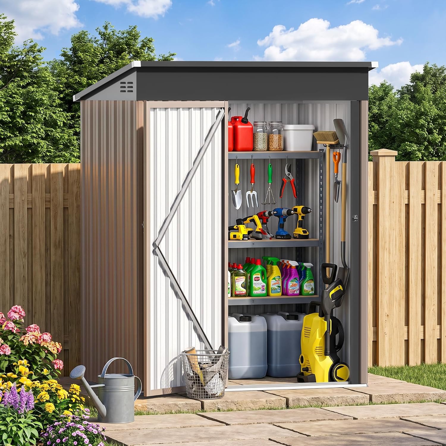 Garden Tools - 屋根が傾斜した5フィート×3フィートの金属製収納小屋。屋外用ガーデンツールハウスとして使用可能。カスタマイズも可能。