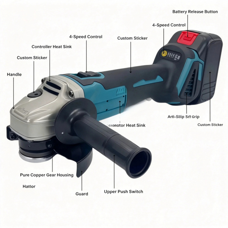Brushless Angle Grinder Battery Powered - ブラシレス式アングルグラインダー 21V コードレス 高出力 工業用電動工具 2個のバッテリーと充電器付き