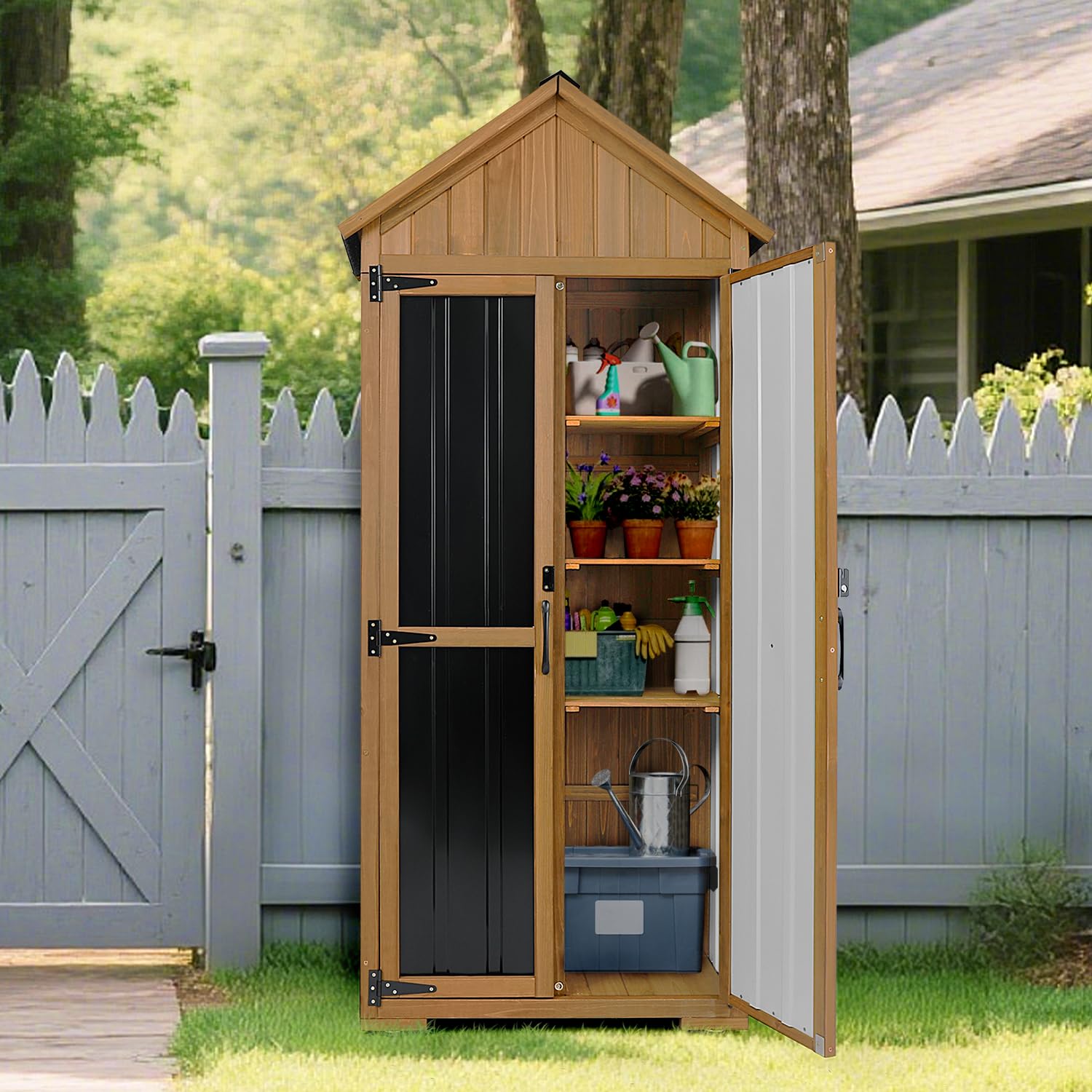 屋外用収納キャビネット。防水加工が施され、棚付き。木製と金属 - Garden Tools のレビューと価格