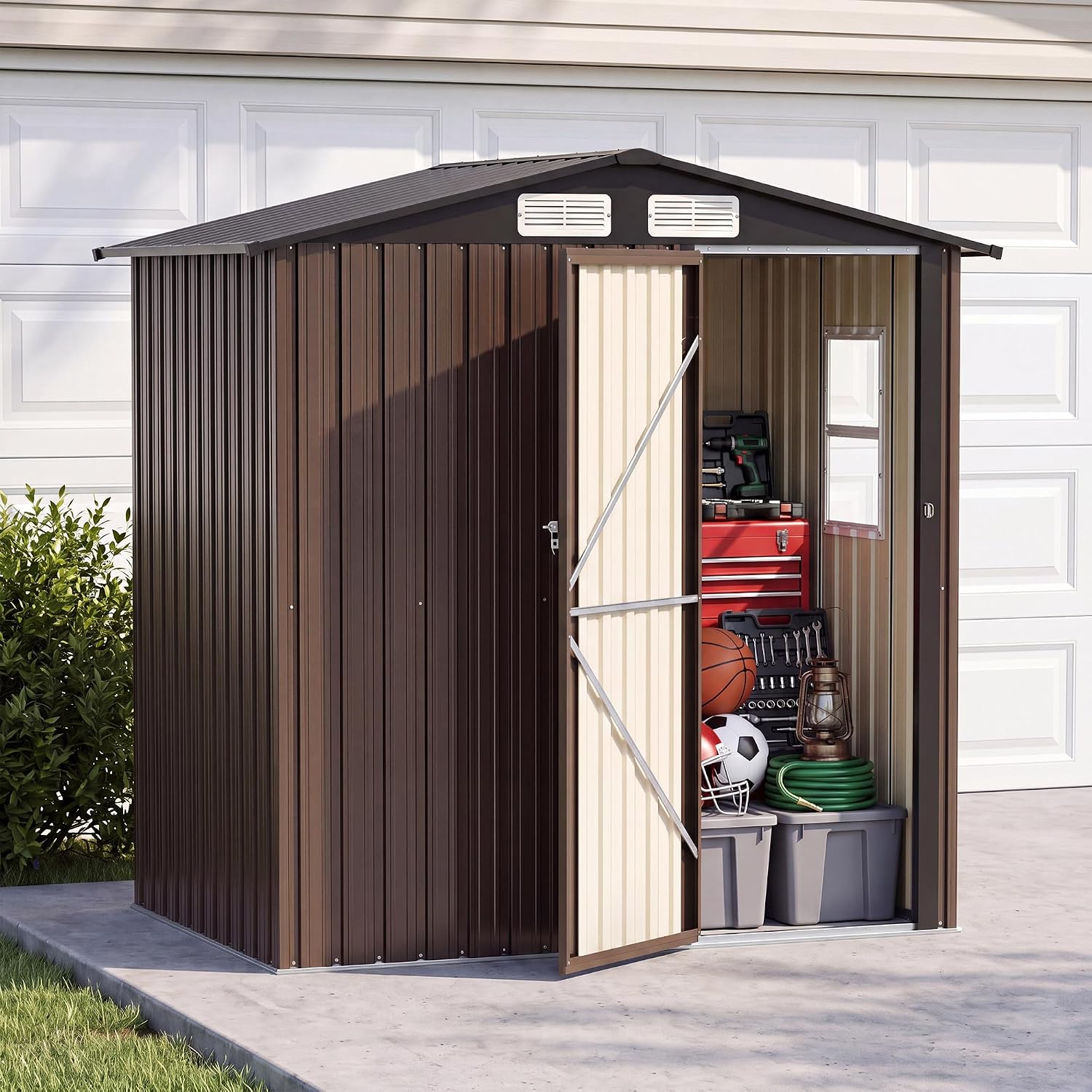 屋外用収納小屋 6x4フィート、防水加工、金属製、工具や自転 - Garden Tools のレビューと価格